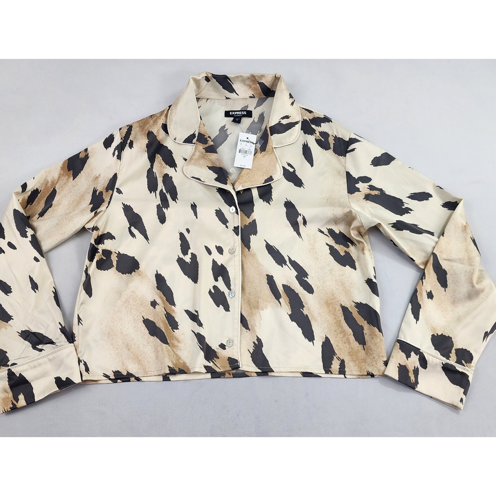 Express Sleepwear top blouse womens XS white leopard stretch buttons $44 ladies